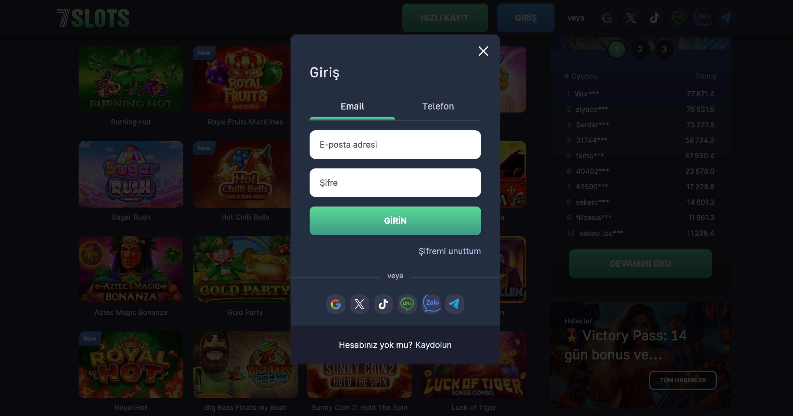 7Slots — Kayıt işlemleri ve hesap oluşturma